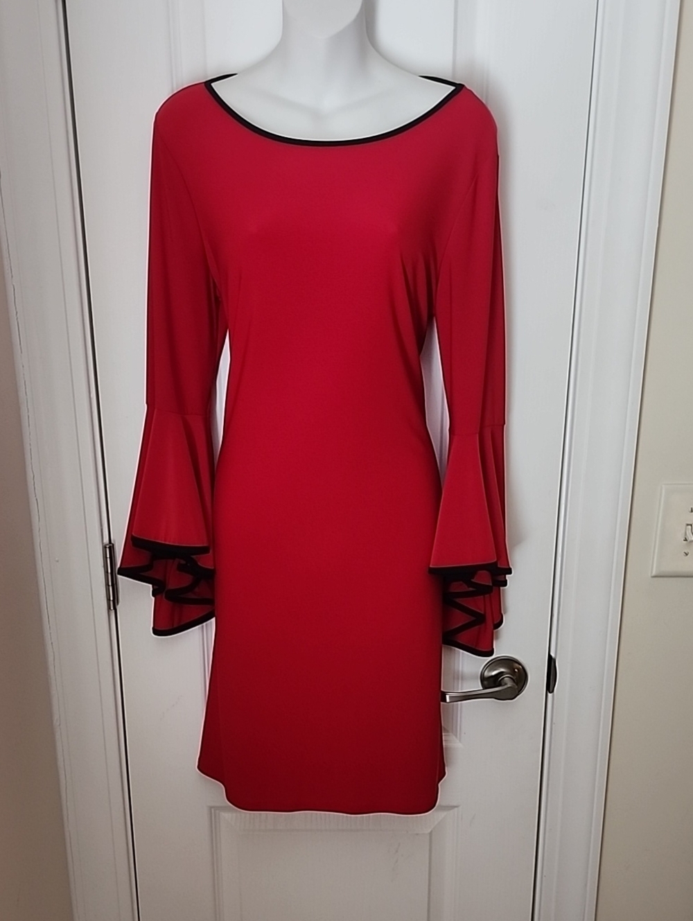 Red Bell-Sleeve Dress with Black Trim